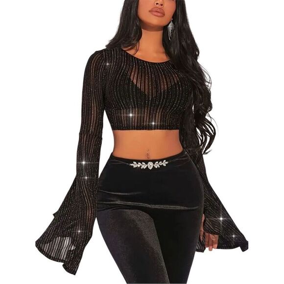 Sexy Y2k Crop Black Sheer Mesh Glitter Bell Sleeve Top Blouse L Gothic Vampy - Picture 2 of 9